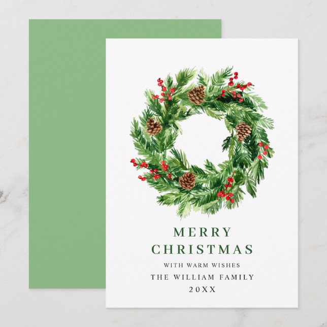 Holly Berry Pine Cones Christmas Wreath Holiday Card (Front/Back)