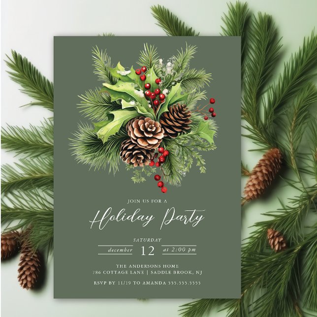 Holly Berry Pine Holiday Party Invitation (Creator Uploaded)