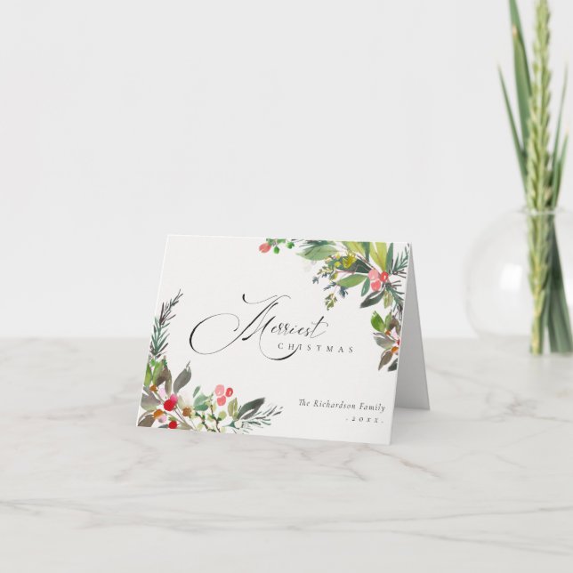 Holly Berry Pine Red Green Merriest Christmas Holiday Card (Front)