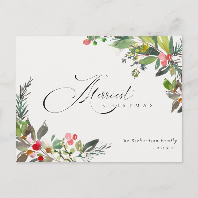 Holly Berry Pine Red Green Merriest Christmas Postcard (Front)