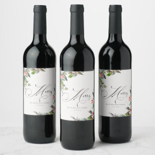 Holly Berry Pine Red Green Merry Christmas Wine Label