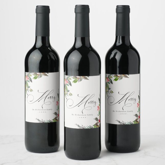 Holly Berry Pine Red Green Merry Christmas Wine Label (Bottles)