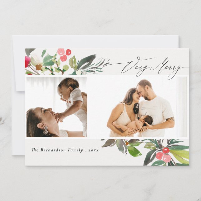 Holly Berry Pine Very Merry Christmas 2 Photo Holiday Card (Front)