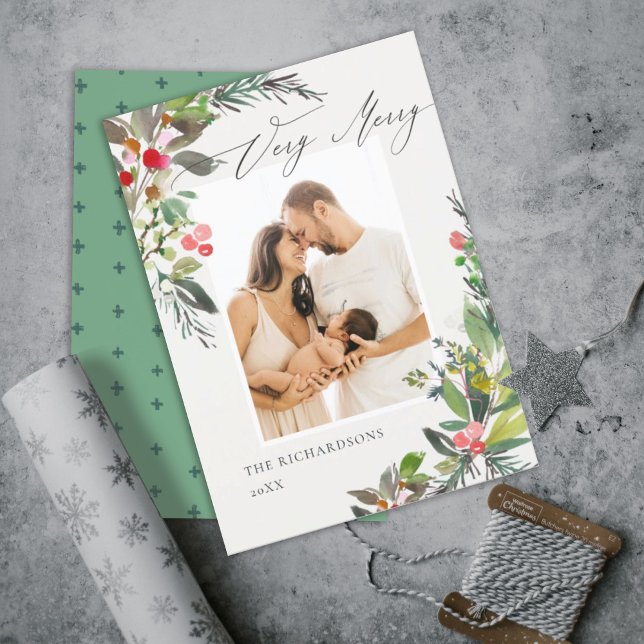 Holly Berry Pine Very Merry Christmas Photo Frame Holiday Card (Creator Uploaded)