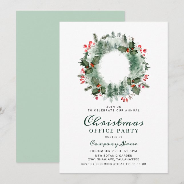 Holly Berry Pine Wreath Corporate Christmas Party Invitation (Front/Back)