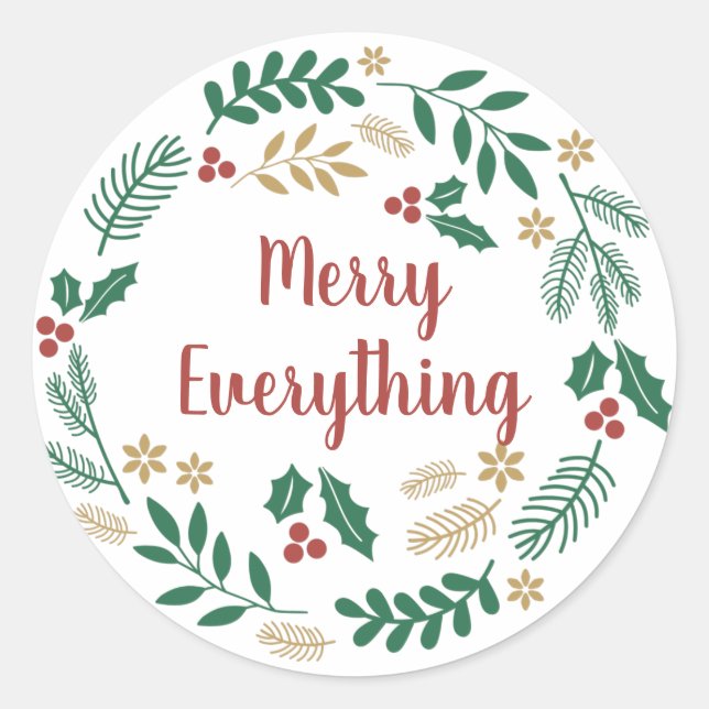 Holly Berry Pine Wreath Merry Everything Holiday C Classic Round Sticker (Front)