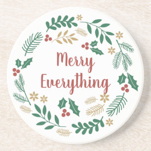 Holly Berry Pine Wreath Merry Everything Holiday Coaster