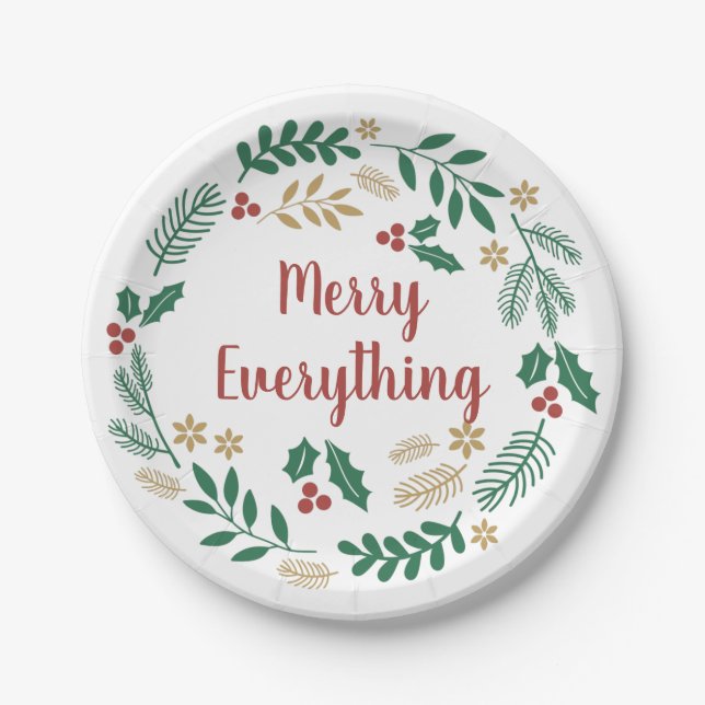 Holly Berry Pine Wreath Merry Everything Holiday Paper Plate (Front)