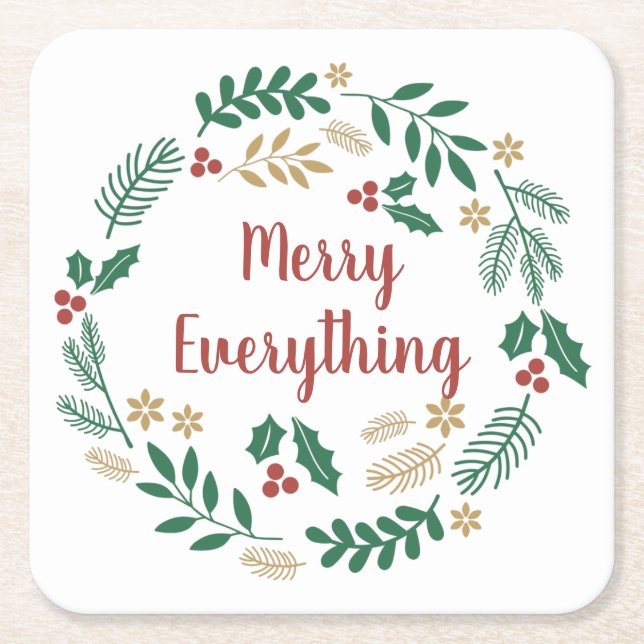 Holly Berry Pine Wreath Merry Everything Holiday S Square Paper Coaster (Front)