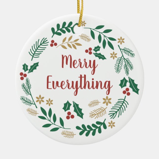 Holly Berry Pine Wreath Merry Everything Photo  Ceramic Tree Decoration (Front)