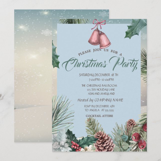 Holly Berry Pinecones Bell Company Christmas Party Invitation (Front/Back)