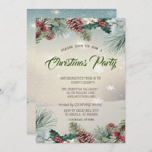 Holly Berry Pinecones  Company Christmas Party Invitation