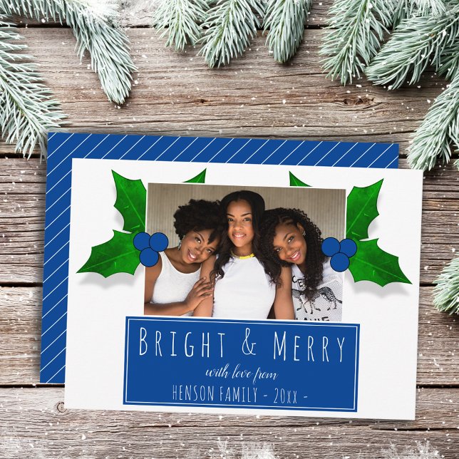 Holly Berry Plant Leaves Blue Photo Holiday Card (Creator Uploaded)