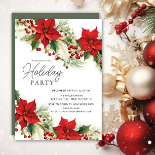 Holly Berry Poinsettia Holiday Party Invitation