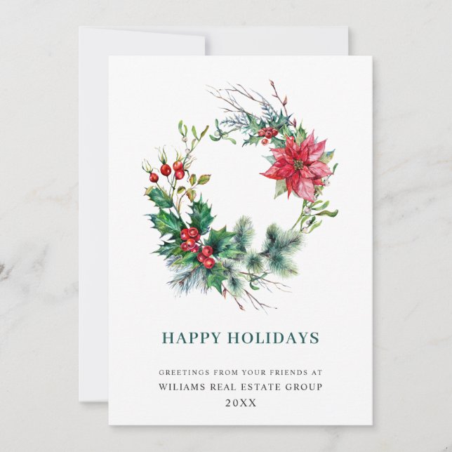  Holly Berry Poinsettia Wreath Christmas Corporate Holiday Card (Front)
