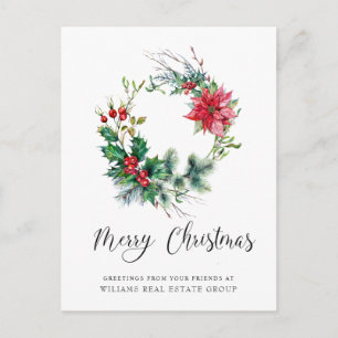 Holly Berry Poinsettia Wreath Corporate Christmas Holiday Postcard