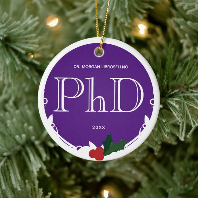 Holly Berry Purple White PhD Graduation Name Year Ceramic Tree Decoration (Tree)