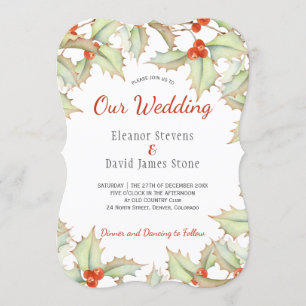 Holly berry red and green winter elegant wedding invitation