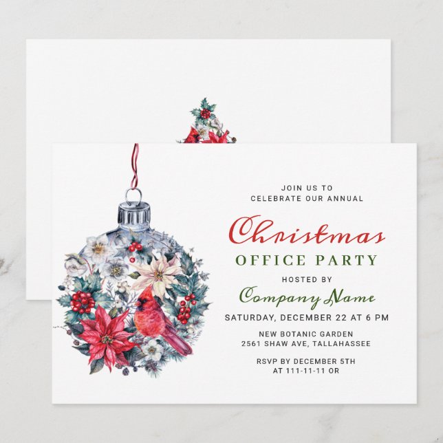 Holly Berry Red Cardinal Christmas Holiday Party Invitation (Front/Back)