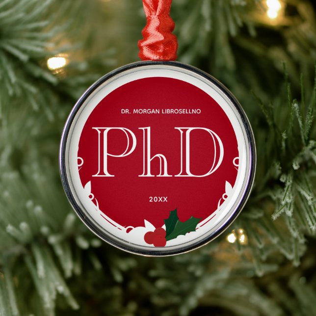 Holly Berry Red White PhD Graduation Metal Tree Decoration (Tree)