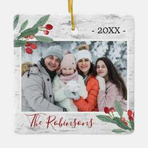 Holly Berry Rustic Birch PHOTO White Bark Ceramic Ornament