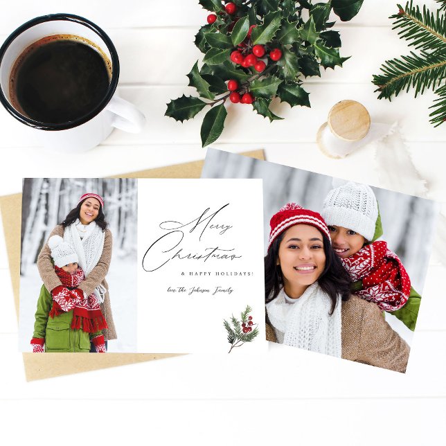 Holly Berry Simple Elegant Merry Christmas 2 Photo Invitation (Creator Uploaded)
