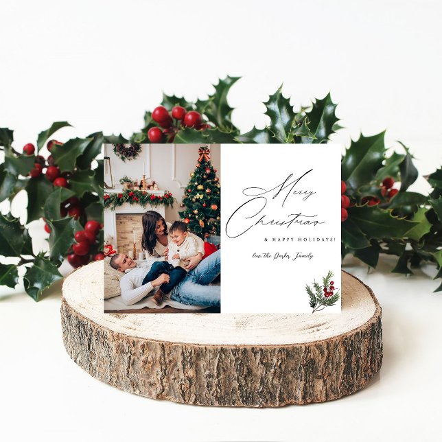Holly Berry Simple Elegant Merry Christmas Photo Invitation (Creator Uploaded)