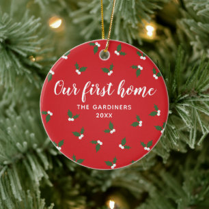 Holly Berry Sprigs Personalised Our First Home Red Ceramic Tree Decoration
