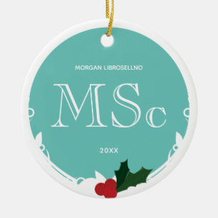 Holly Berry Teal White MSc Graduation Name Year Ceramic Tree Decoration