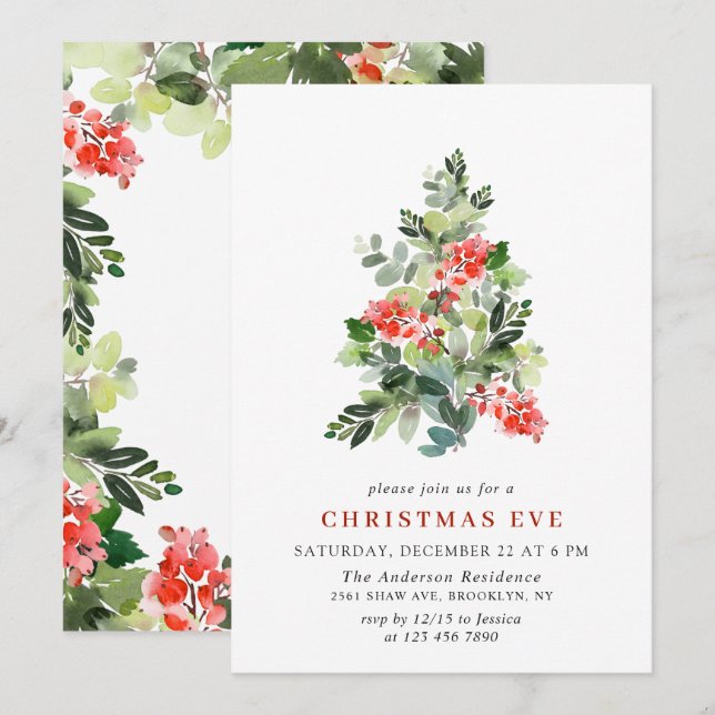 Holly Berry Tree Christmas Eve Holiday Party Invitation (Front/Back)