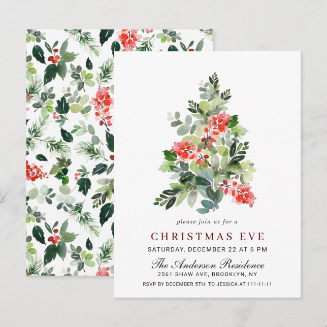 Holly Berry Tree Christmas Eve Invitation Card (Front/Back)