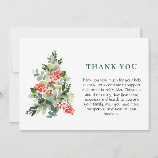 Holly Berry Tree Christmas Greeting Holiday Thank You Card (Front)