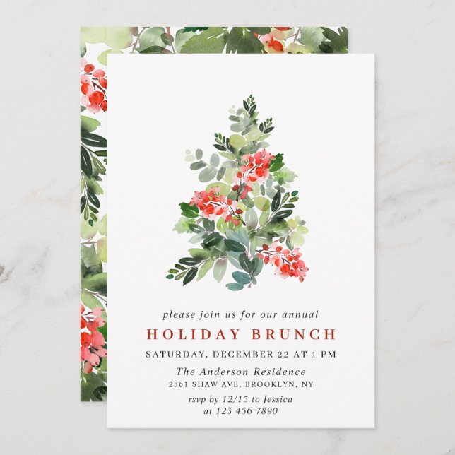 Holly Berry Tree CHRISTMAS HOLIDAY BRUNCH Invitation (Front/Back)