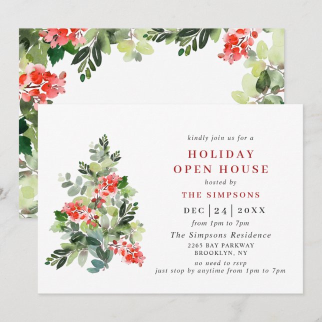 Holly Berry Tree CHRISTMAS HOLIDAY OPEN HOUSE Invitation (Front/Back)