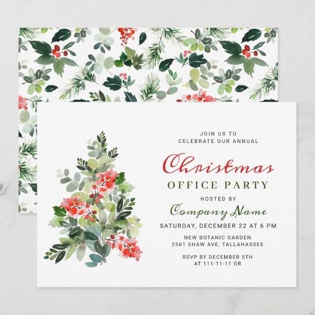 Holly Berry Tree Corporate Christmas Party HOLIDAY Invitation (Front/Back)