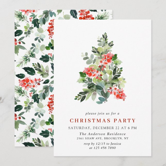 Holly Berry Tree Holiday CHRISTMAS PARTY Invitation (Front/Back)