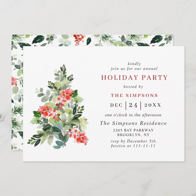 Holly Berry Tree Holiday CHRISTMAS PARTY Invitation (Front/Back)