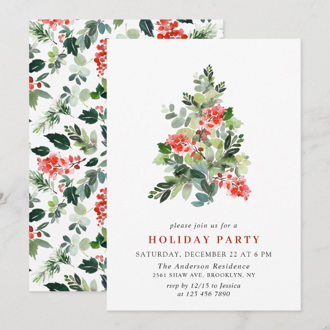 Holly Berry Tree Holiday CHRISTMAS PARTY Invitation (Front/Back)
