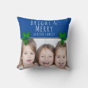 Holly Berry Tree Plant Blue Bright Photo Christmas Cushion