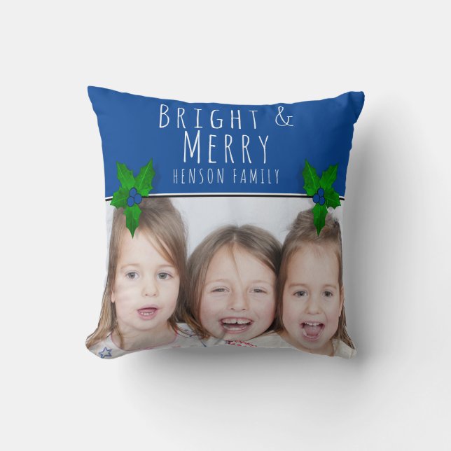 Holly Berry Tree Plant Blue Bright Photo Christmas Cushion (Front)