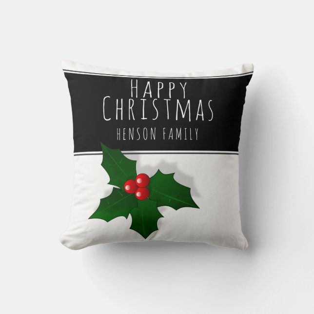 Holly Berry Tree Plant Happy Christmas Cushion (Front)