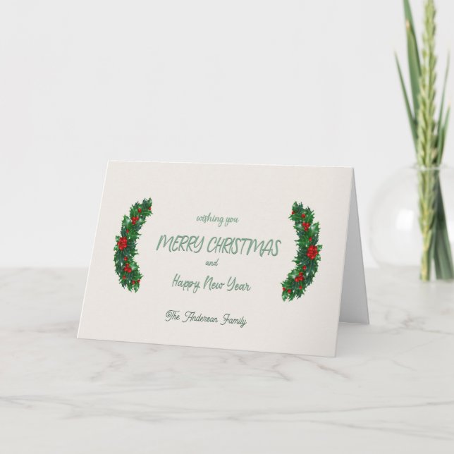 Holly Berry Vintage Non-Photo Christmas  Holiday Card (Front)