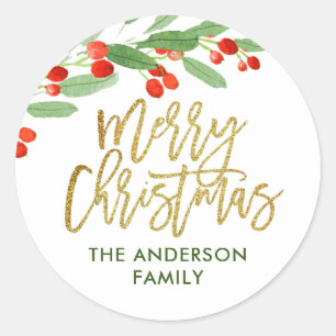 Holly Berry Watercolor Christmas Classic Round Sticker