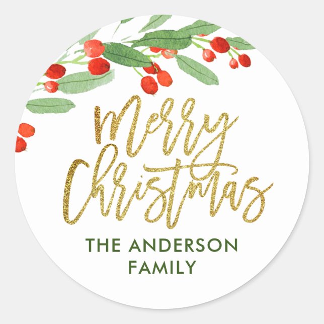 Holly Berry Watercolor Christmas Classic Round Sticker (Front)