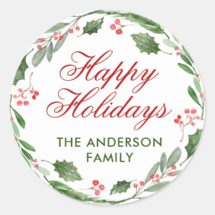 Holly Berry Watercolor Christmas Classic Round Sticker