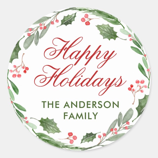 Holly Berry Watercolor Christmas Classic Round Sticker (Front)