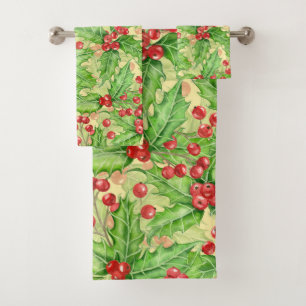 Holly berry watercolor Christmas pattern Bath Towel Set