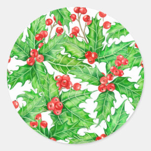 Holly berry watercolor Christmas pattern Classic Round Sticker