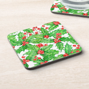 Holly berry watercolor Christmas pattern Coaster