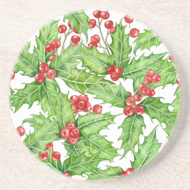 Holly berry watercolor Christmas pattern Coaster (Front)